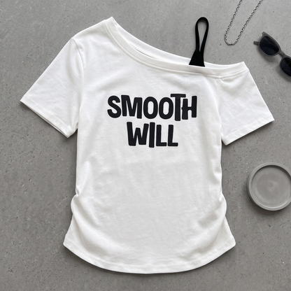 【メール便OK】レイヤード風 アシンメトリーネック ロゴプリント ロゴTシャツ 　wrw1062976