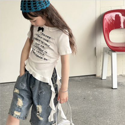 フロントリボン 英字プリント 裾フリルTシャツ  wrw1062626