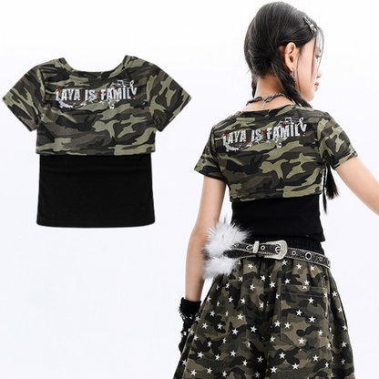【メール便OK】迷彩柄 ロゴプリント クロップド半袖Tシャツ 　wrw10621046