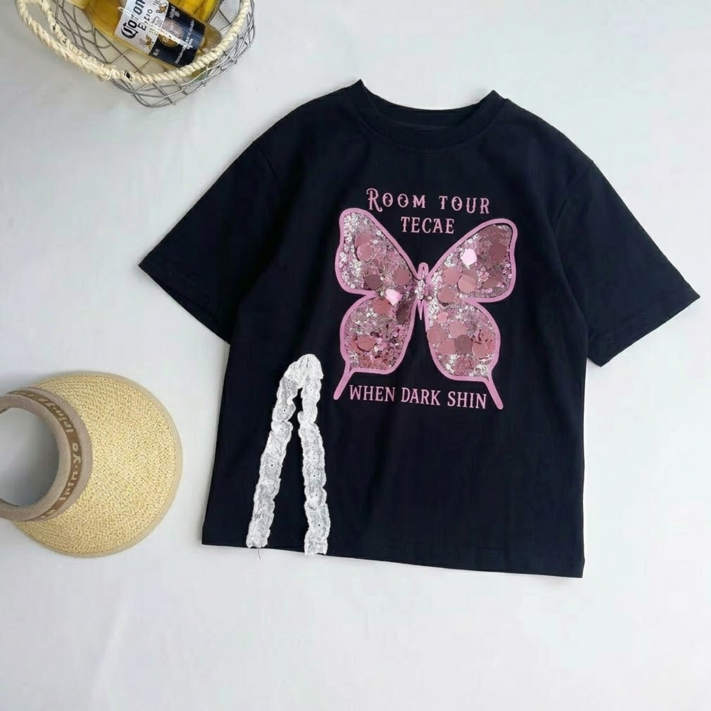 裾スリット切り替え スパンコールバタフライ チュニックTシャツ	wrw1022246