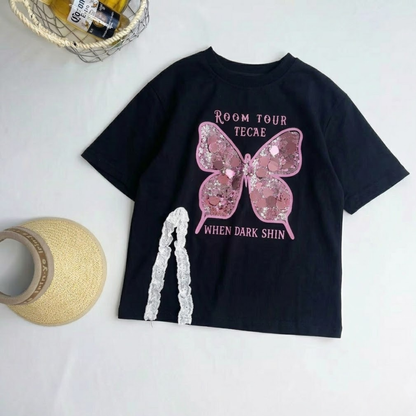 裾スリット切り替え スパンコールバタフライ チュニックTシャツ	wrw1022246