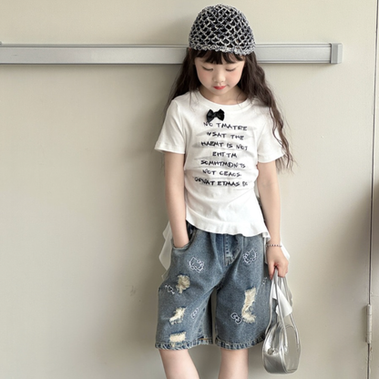 フロントリボン 英字プリント 裾フリルTシャツ  wrw1062626