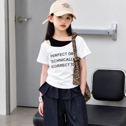 【メール便OK】レイヤード風  オフショルダー 英字ロゴ Tシャツ 　wrw1062906