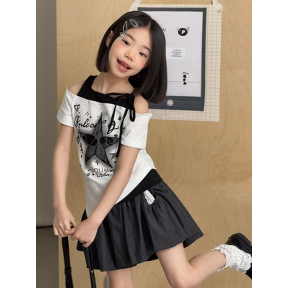 星プリントグラフィック ワンショル肩あきリボンTシャツ   wrw1062576