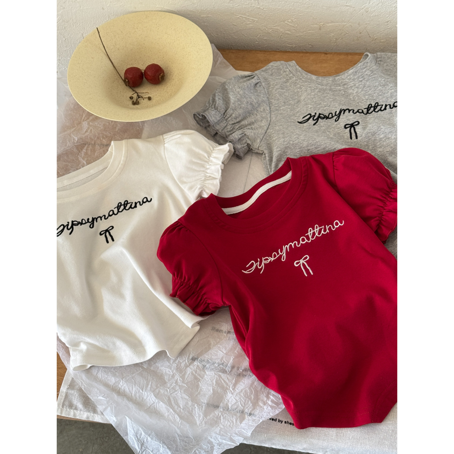 リボン刺繍 パフスリーブイレギュラーヘムTシャツ	wrw1062166
