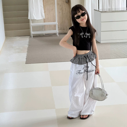 ダブルリボン フレンチスリーブクロップドTシャツ  　wrw1062676