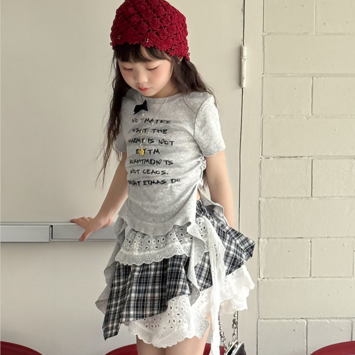 フロントリボン 英字プリント 裾フリルTシャツ  wrw1062626