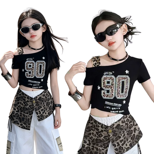 【メール便OK】ヒョウ柄 ナンバーロゴ ワンショルダー クロップドTシャツ 　wrw1062936